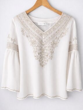 Chelsea & Theodore Embroidered Boho Blouse Women’s Size L White Bell Sleeve